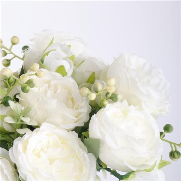 Artificial Peonies Silk Flowers, White Faux Peony Bouquet 4 Bundles Florals - Picture 4 of 6